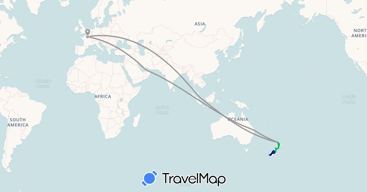 TravelMap itinerary: driving, bus, plane, hiking, boat in United Arab Emirates, Australia, France, New Zealand, Singapore (Asia, Europe, Oceania)